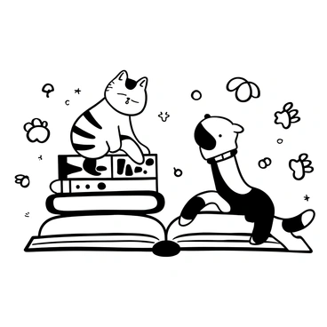 A cat with a striped pattern and a dog with floppy ears are engaged in playful antics at the edges of a children's book page. The cat is perched on a stack of colorful books, while the dog is lying on its back with its paws in the air. Various whimsical doodles of toys and paw prints are scattered around them in the margins. The scene is framed by playful swirls and stars that enhance the joyful atmosphere.