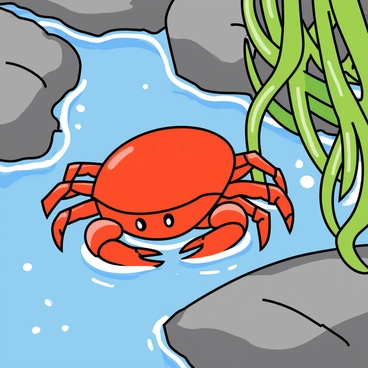 A small, curious crab with a bright red shell is scuttling across the wet, shiny rocks of a tidal rock pool. The crab's little claws are raised, and its eyes are wide with curiosity. It is surrounded by vibrant green seaweed that sways gently with the movement of the water. The rock pool reflects shimmering patches of sunlight, and there are small pebbles scattered throughout. Tiny droplets of water cling to the rocks, highlighting the wet texture of the environment.