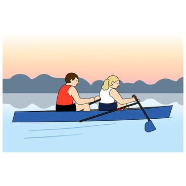 Two athletes in a sleek, blue rowing boat gliding smoothly across a calm river at dawn. The first athlete has short brown hair, wearing a bright red tank top and black shorts. The second athlete has medium-length blonde hair tied back in a ponytail, dressed in a white tank top and navy blue shorts. The early morning sky is painted with soft shades of orange and pink, reflecting on the water's surface. Gentle ripples trail behind the boat as the athletes row in perfect synchrony, their oars dipping into the water. In the background, silhouettes of trees line the riverbank, adding depth to the peaceful scene.