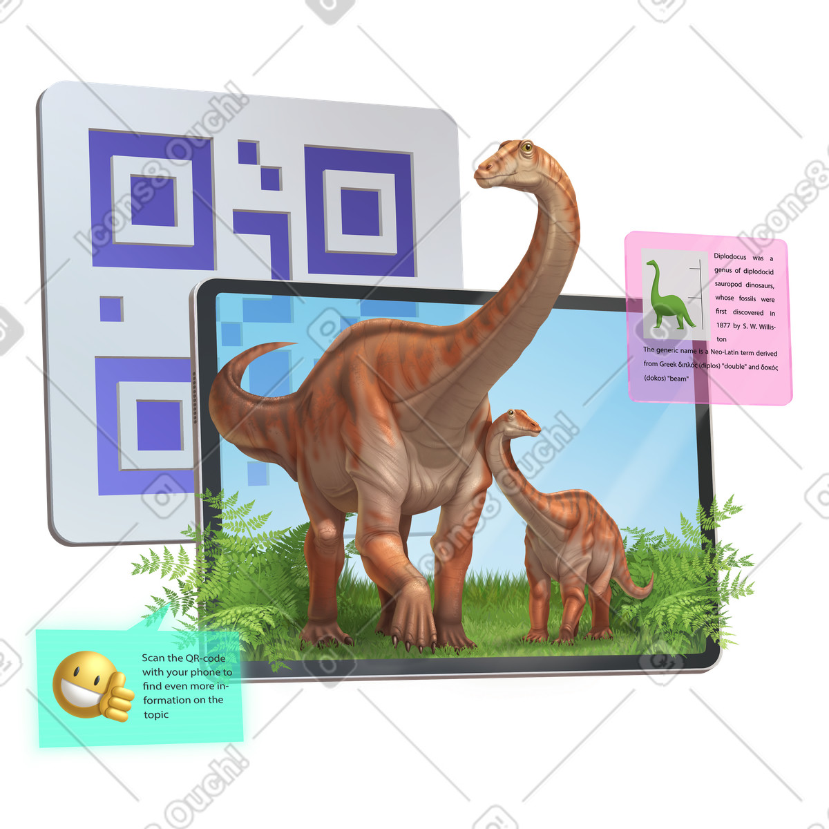AR app with dinosaurs illustration showcasing immersive technology clipart for education PNG