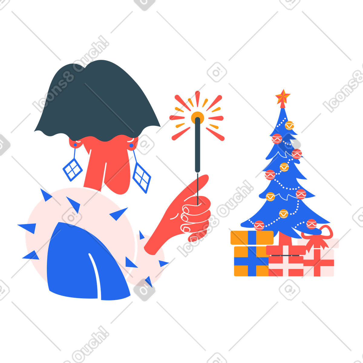 Woman standing in front of a christmas tree with a sparkler illustration in Kingdom style download in PNG, SVG