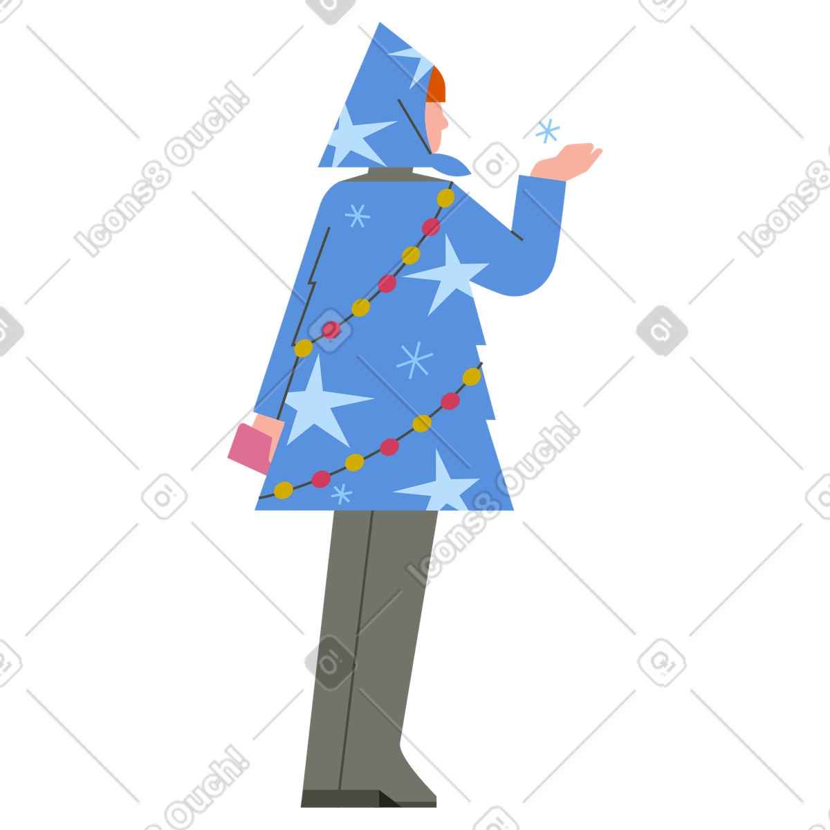 下载 Vector 风格的 身着圣诞服装的人手持雪花，冬季节日活动 插画，支持 PNG、SVG 格式