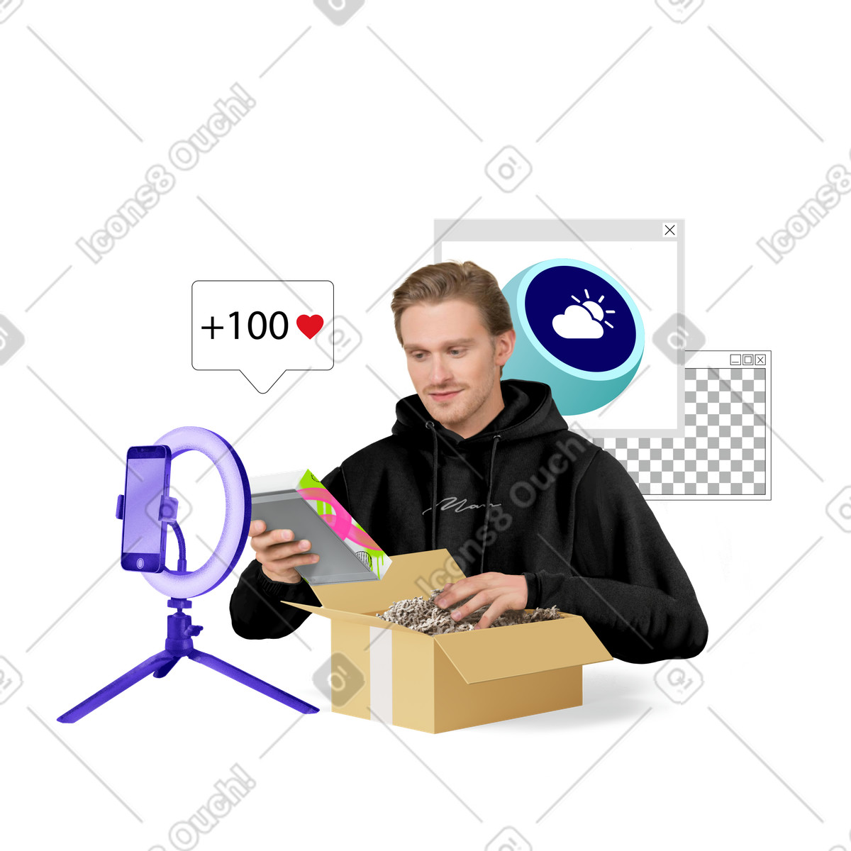 Gadget tecnologici unboxing dello streamer maschio illustrazione in stile Jumble scarica in PNG, SVG