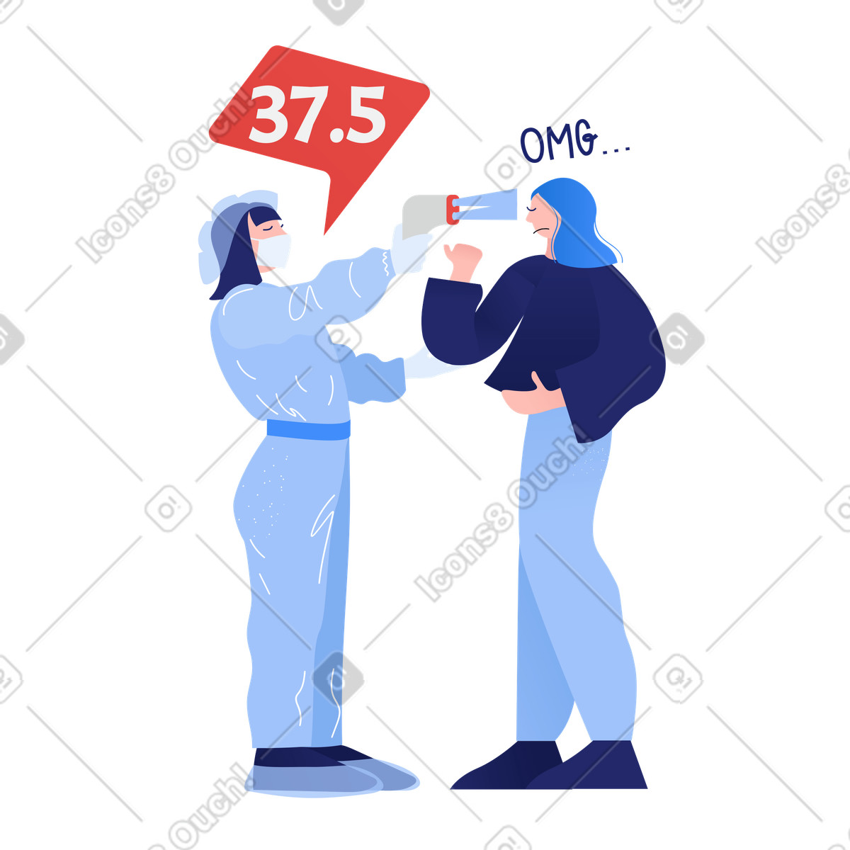 Doctor in protective suit measuring a woman's temperature illustration Clip style download PNG, SVG