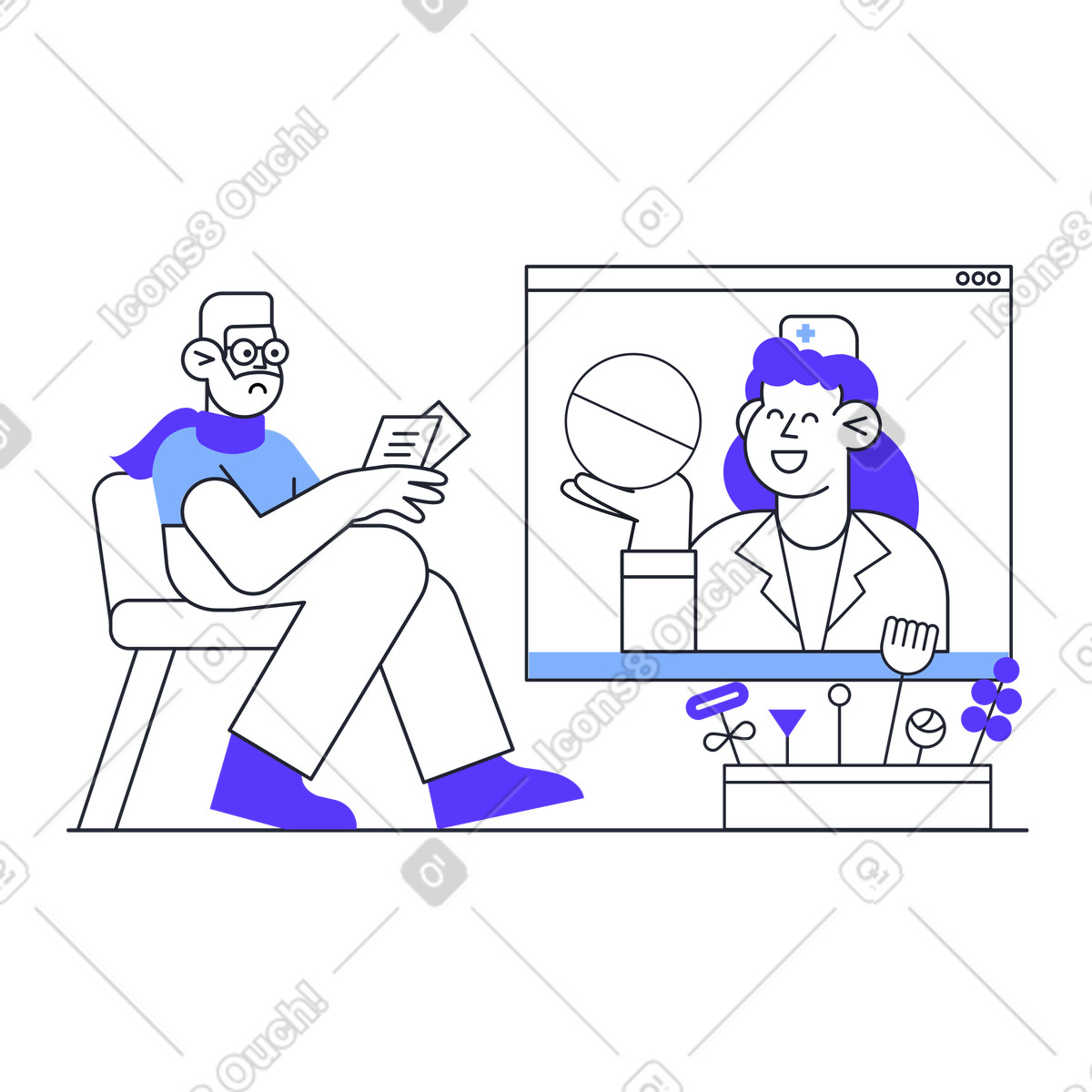Ilustração de Homem doente sentado na cadeira e médico dando comprimidos em no estilo Pablita para baixar em PNG, SVG