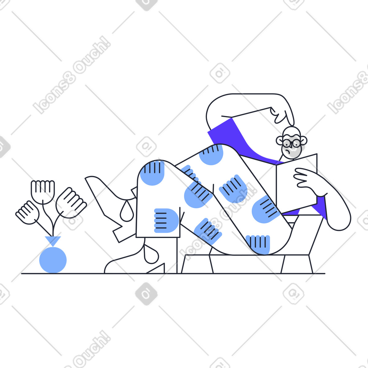 Book lover reading on couch, Knowledge and leisure time illustration in Pablita style download in PNG, SVG