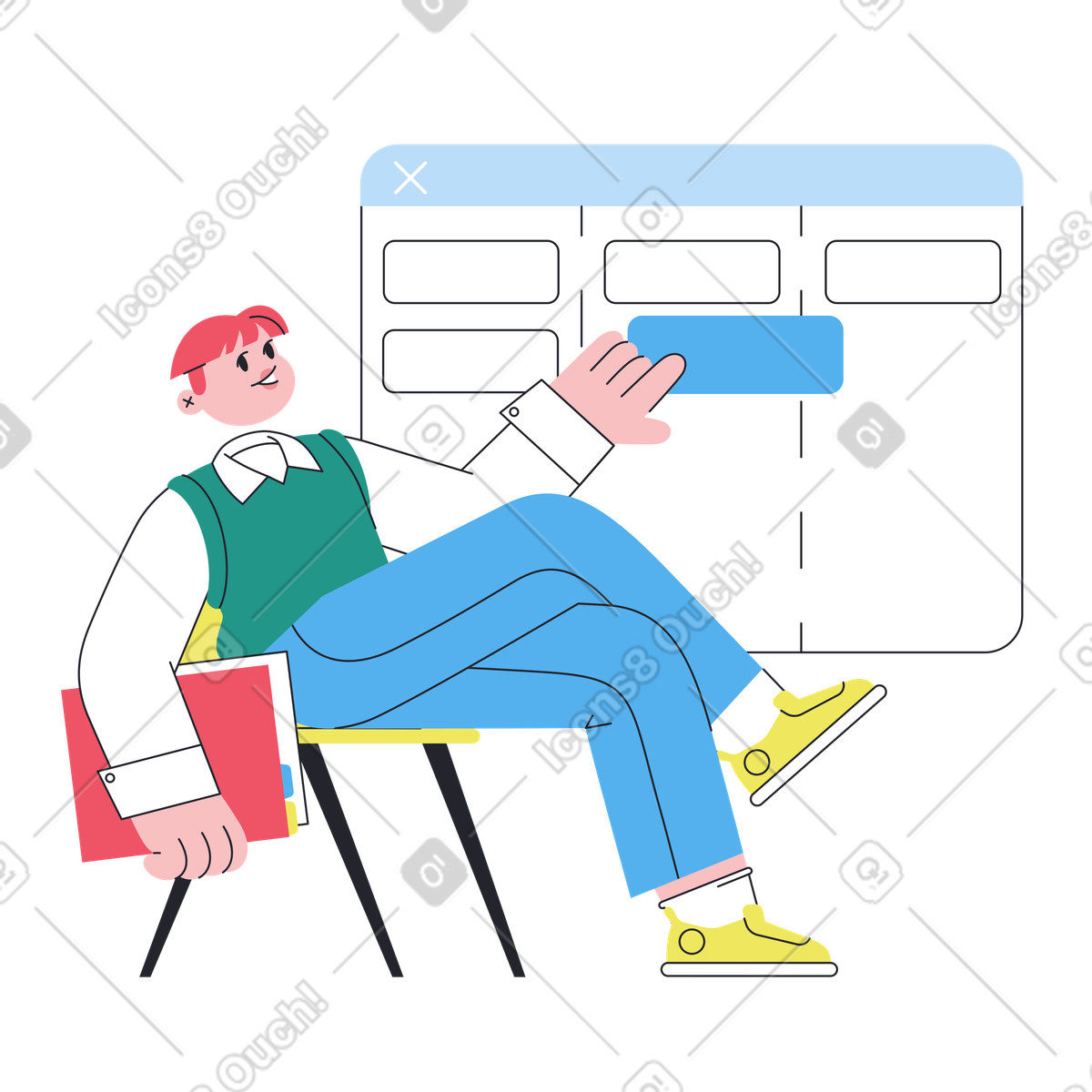 Illustration Employee moving card on kanban board, Task tracking and organization dans le style Boba à télécharger aux formats PNG, SVG