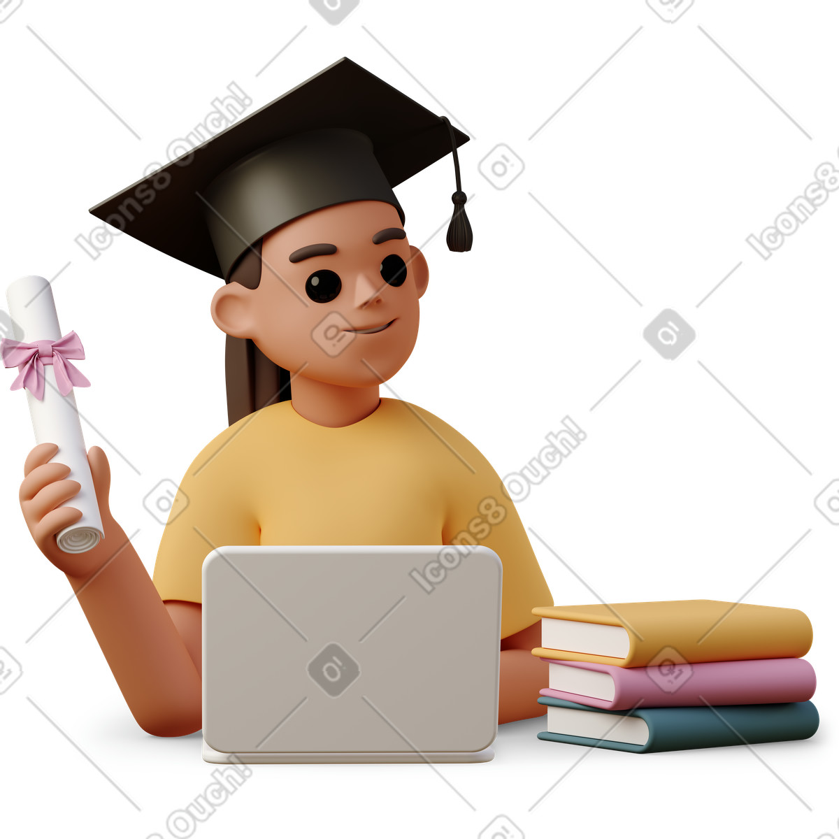 3D Casual life 스타일의 Graduate girl with laptop holding diploma 일러스트레이션 PNG, SVG 다운로드