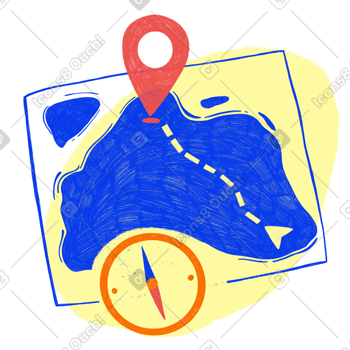 Karte mit route und ziel, kompass zur navigation-Illustration im Biro-Stil als Download in PNG, SVG