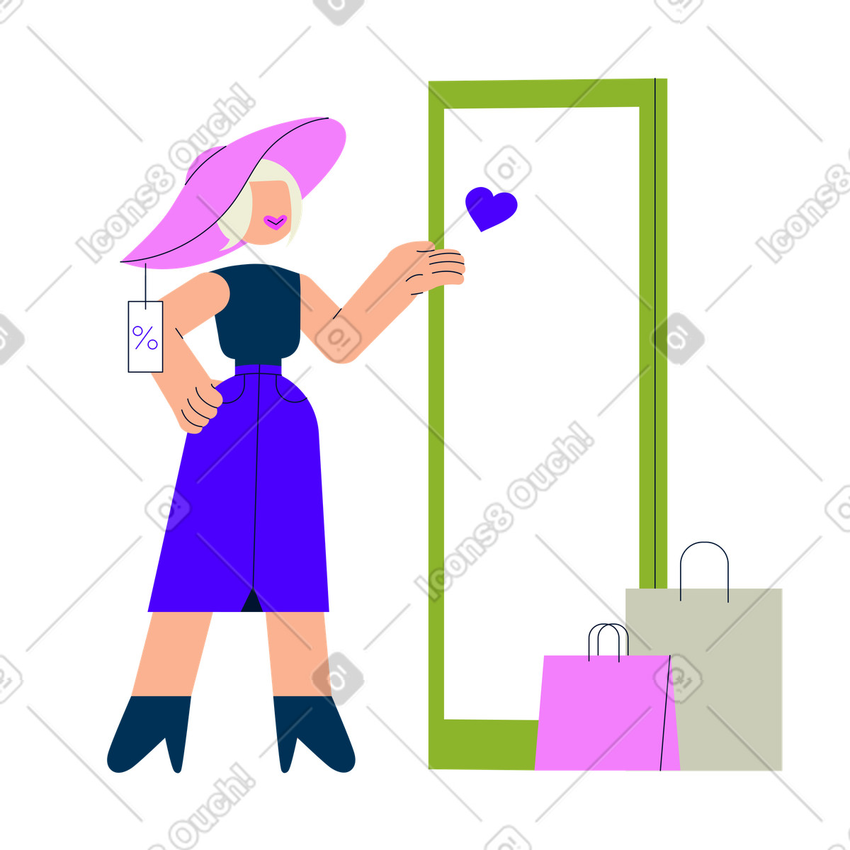 Una donna durante un viaggio di shopping prova cappello illustrazione in stile Cubes scarica in PNG, SVG