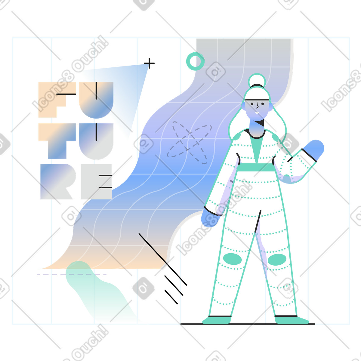 Testo futuro e una donna in tuta tecnologica illustrazione stile Marginalia scarica PNG, SVG