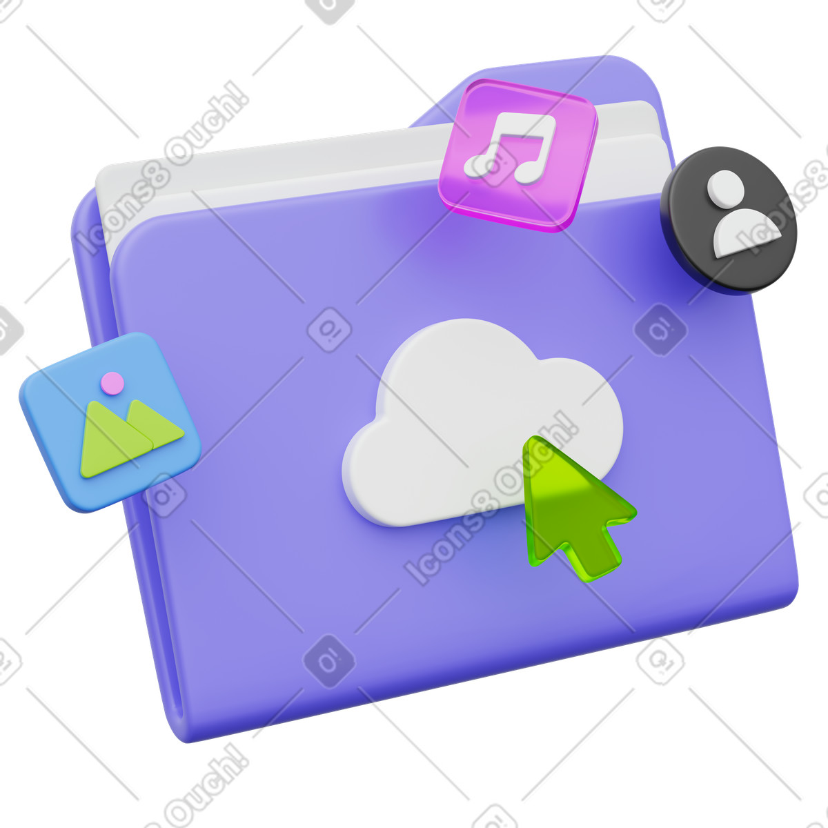 Folder cloud storage interface with media files and user profile access illustrazione in stile 3D Playful scarica in PNG, SVG