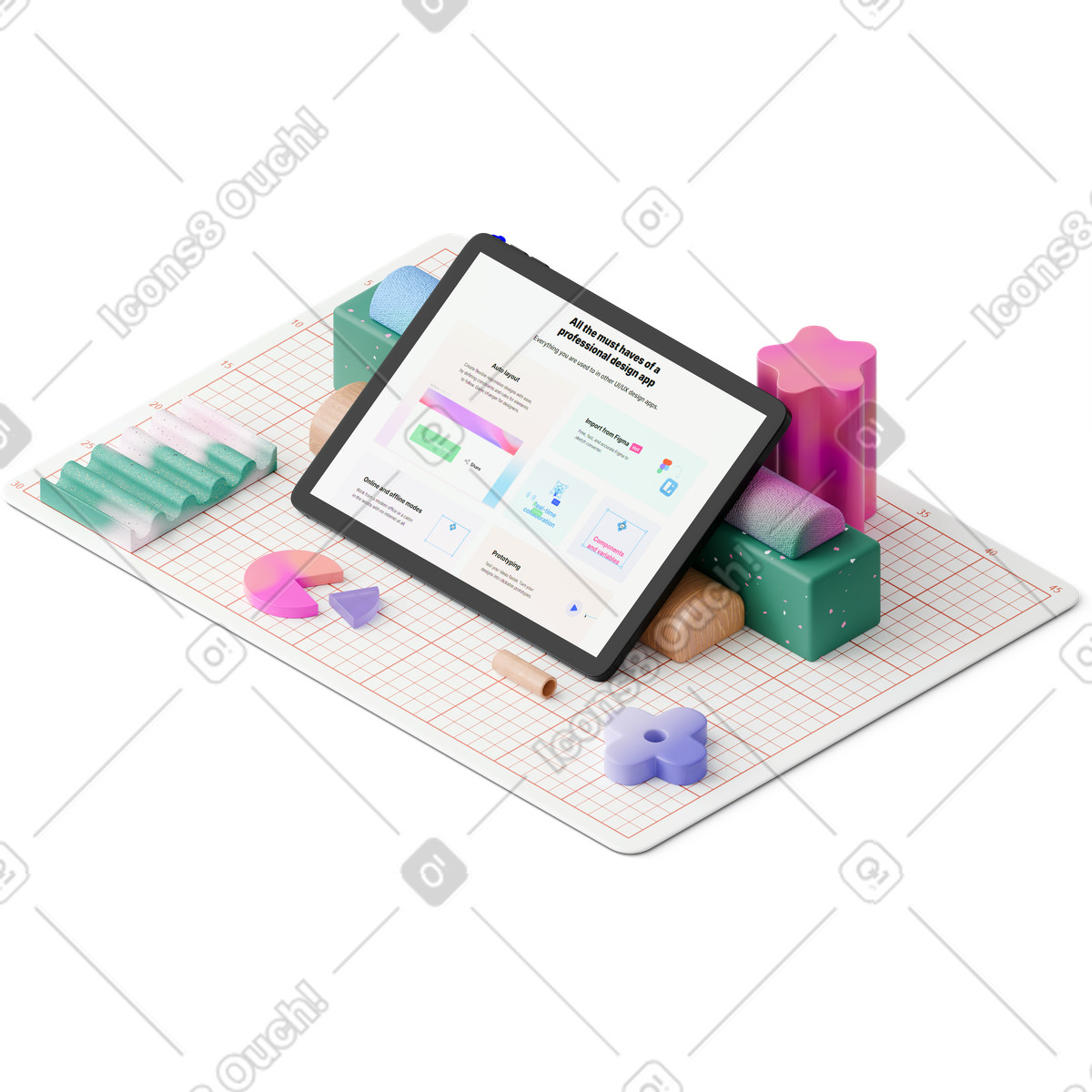 下载 3D Hygge 风格的 切割垫和切割板的等距视图 插画，支持 PNG、SVG 格式