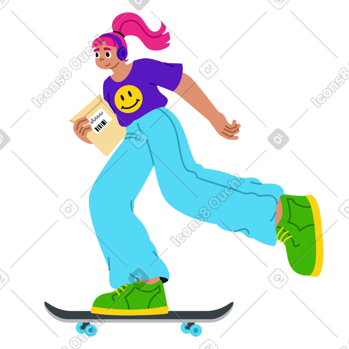 Ilustração animada de Jovem entregando um pacote documentos em skate no estilo Active para baixar GIF, Lottie (JSON), AE