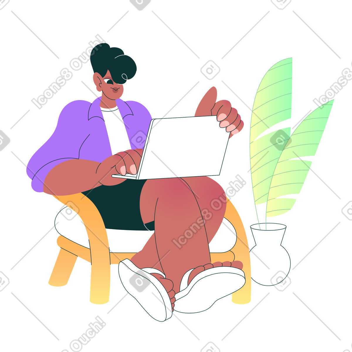 Florid スタイルの Relaxed professional working on laptop, home office workspace and freelancing のアニメーションイラストをGIF、Lottie (JSON)、AEでダウンロード