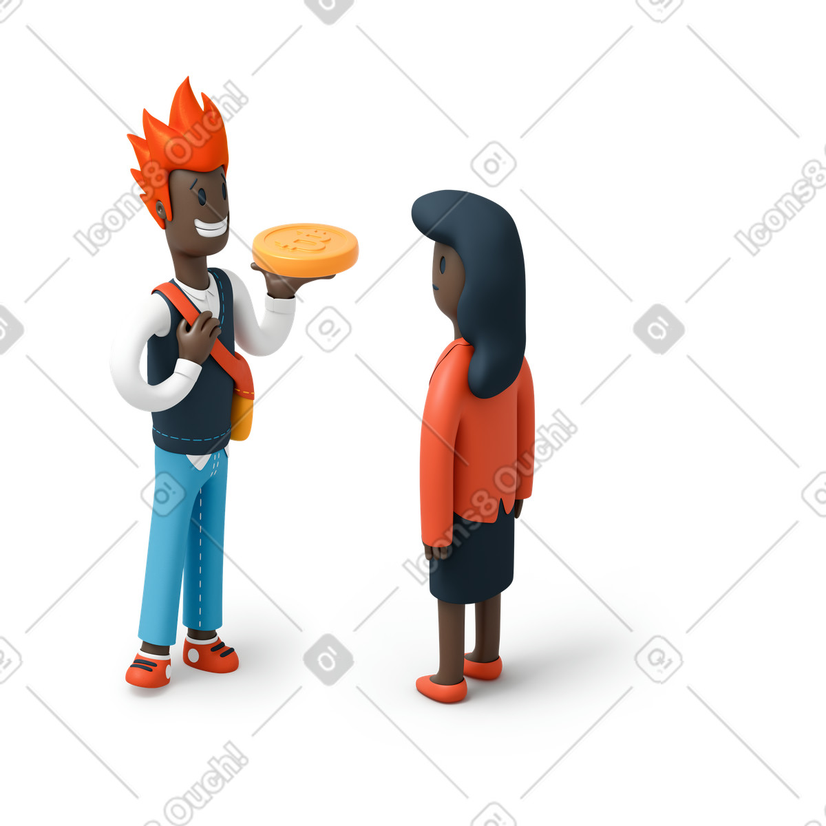 3D Flame スタイルの 暗号について会話している男性と女性 のイラストをPNG、SVG形式でダウンロード