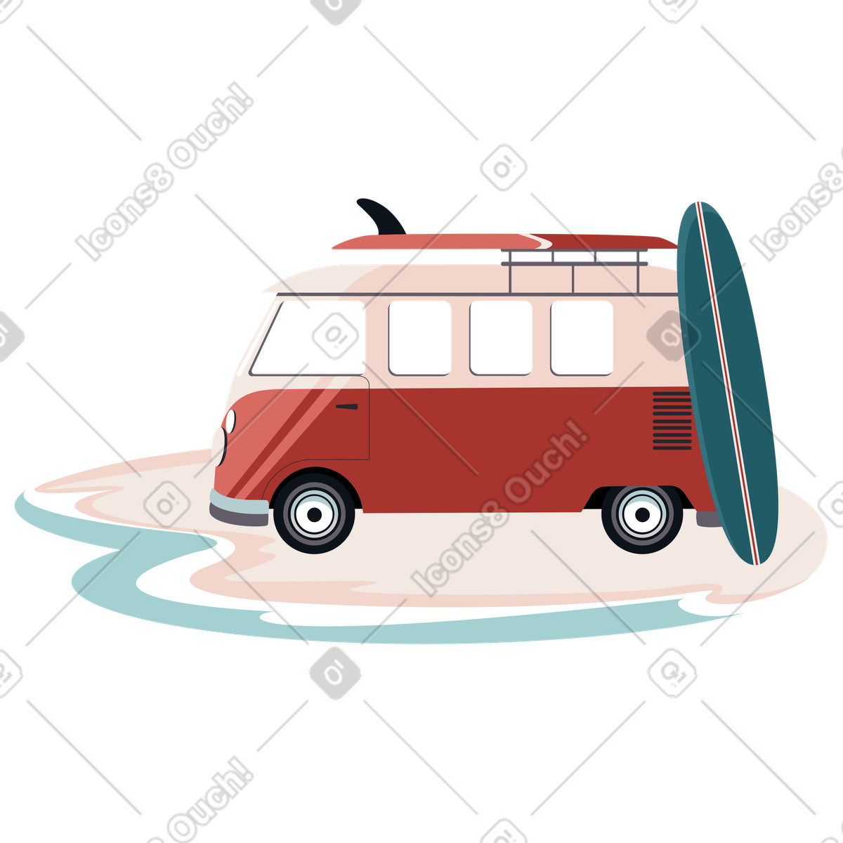 Minivan am strand mit surfbrettern auf dem dach-Illustration im Lagom-Stil als Download in PNG, SVG