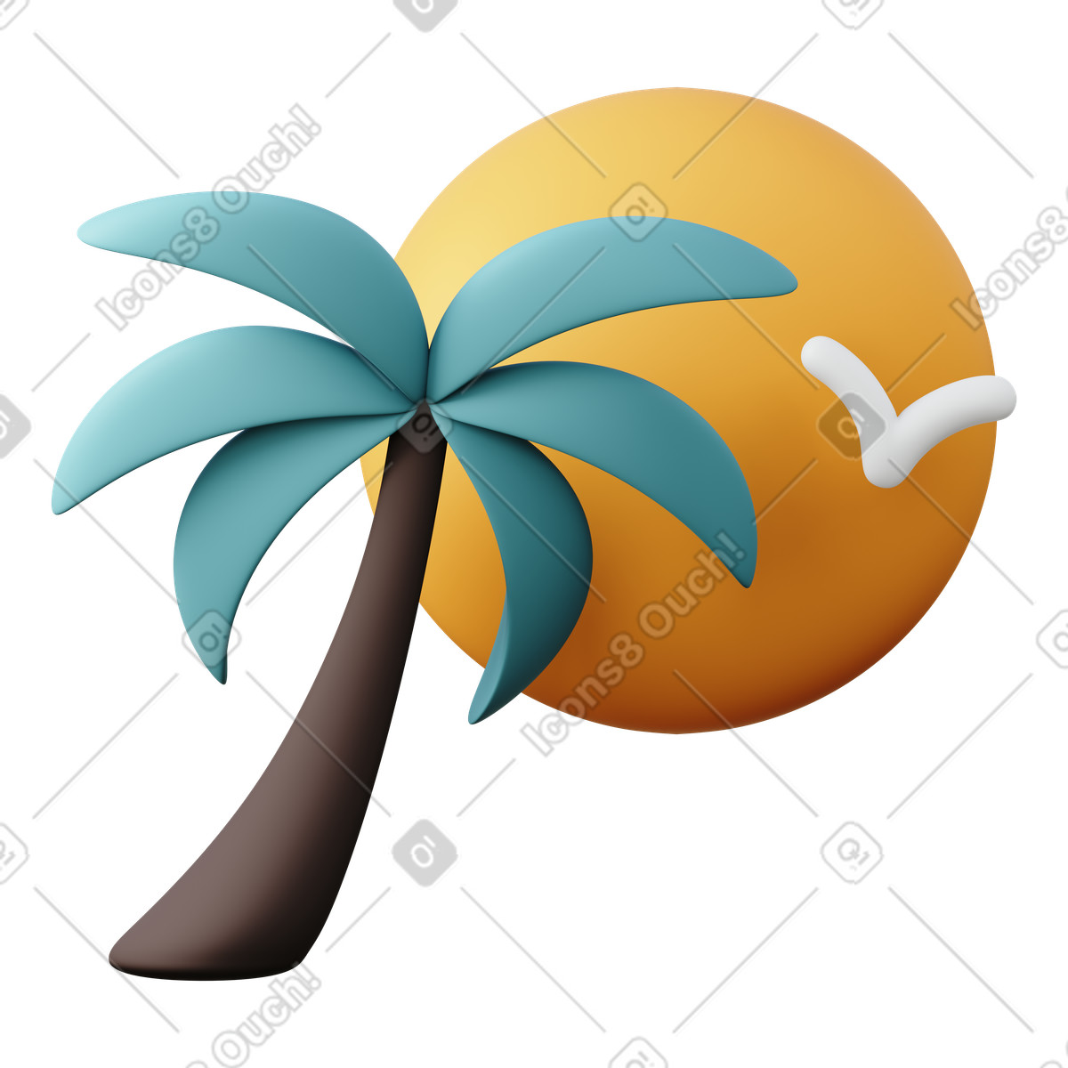 Tropics: palm tree, sun, flying bird illustration in 3D Sugary style download in PNG, SVG