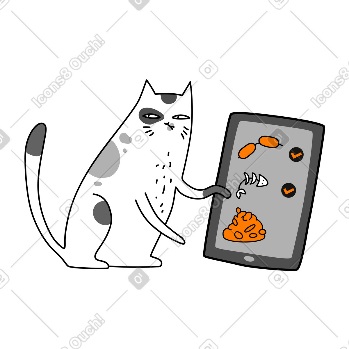 Illustration Chat commandant une livraison de nourriture par téléphone dans le style Purr à télécharger aux formats PNG, SVG