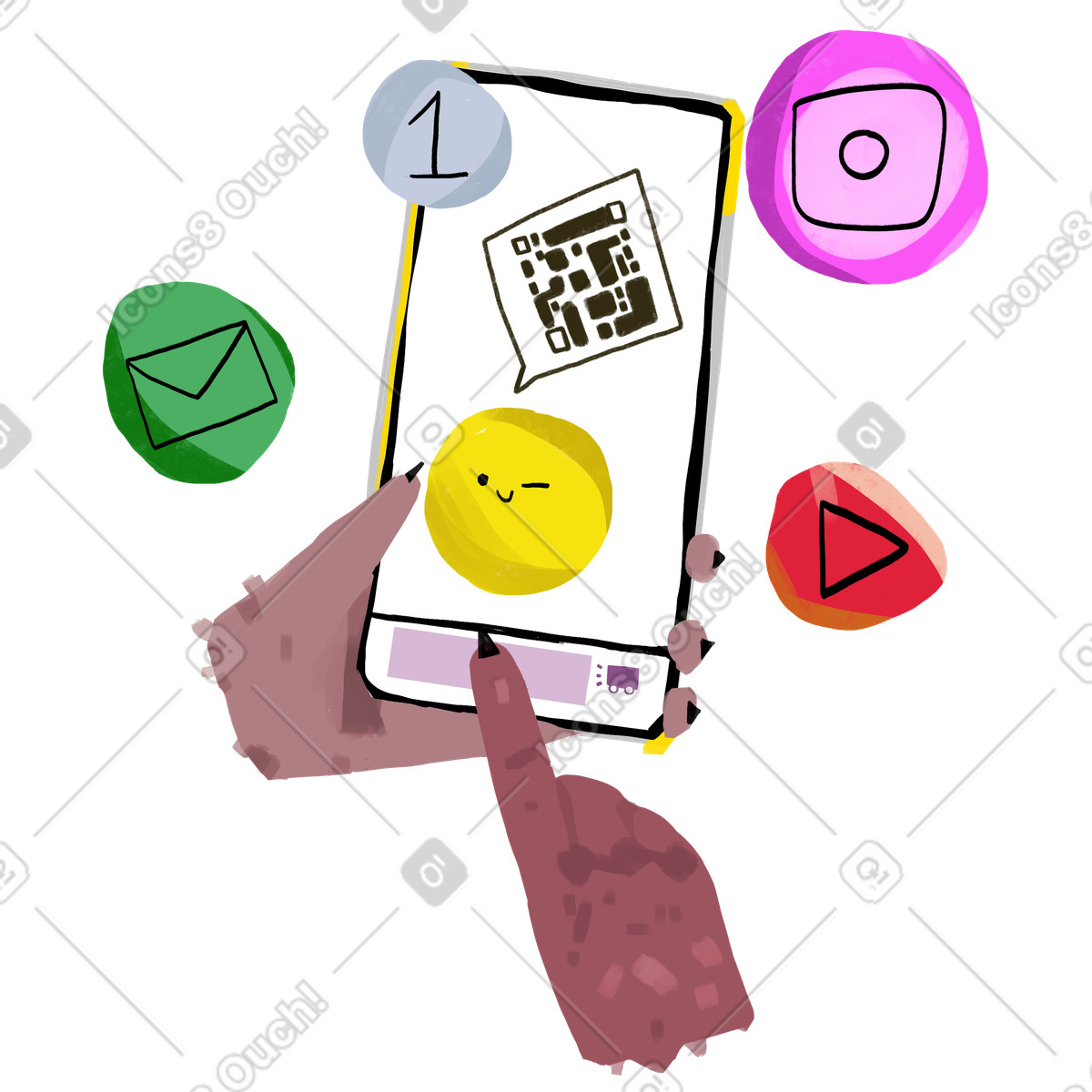 Mani che tengono il telefono con i simboli dei social media illustrazione in stile Atomic scarica in PNG, SVG