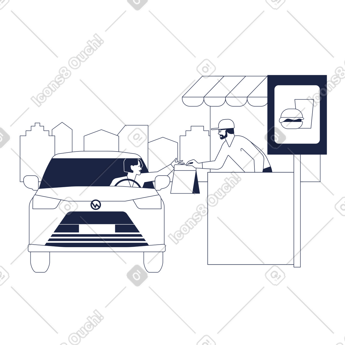 Illustration Un homme en voiture achète de la restauration rapide au kiosque mac auto dans rue le style Urban Line à télécharger aux formats PNG, SVG
