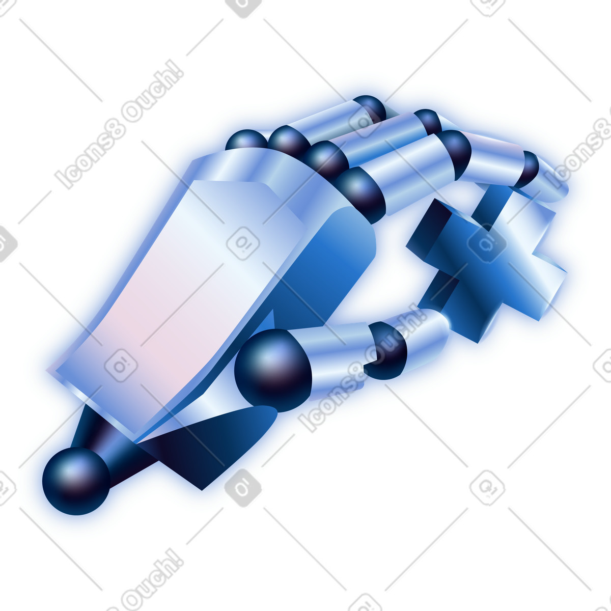 Blue robot hand holding plus symbol illustration in Dimension style download in PNG, SVG