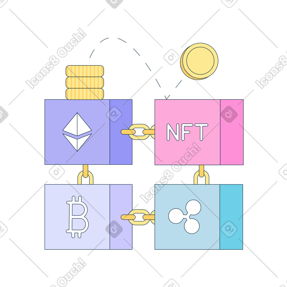 Blocks of cryptocurrency and coins illustration in Bubble gum style download in PNG, SVG