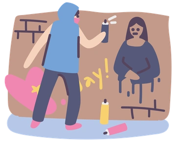 A person spray painting a mural on a wall - Pluto style illustration