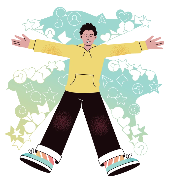 A person with arms outstretched surrounded by icons - Delight style illustration