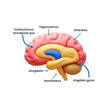 A clear and labeled diagram of the limbic system, featuring the hippocampus, amygdala, thalamus, hypothalamus, and the cingulate gyrus. Each part is distinctly outlined and labeled with "hippocampus" near the curved structure, "amygdala" positioned close to the temporal lobe, "thalamus" shown as a large central oval, "hypothalamus" depicted beneath the thalamus, and "cingulate gyrus" forming a curved shape along the top. The diagram includes arrows to indicate connections between these components.