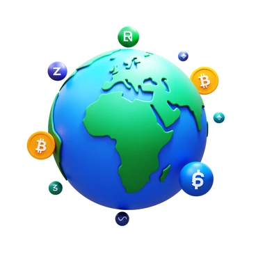 A globe with detailed continents and oceans, surrounded by various digital currency symbols including "Bitcoin," "Ethereum," "Litecoin," and "Ripple." The symbols are floating around the globe, representing the concept of global online trading. The globe is shown in a 3D perspective, with bright colors highlighting the currencies against the blue of the oceans.