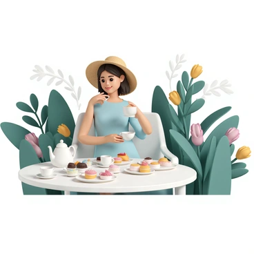 A relaxing afternoon tea setup with a person enjoying tea and pastries in a garden.