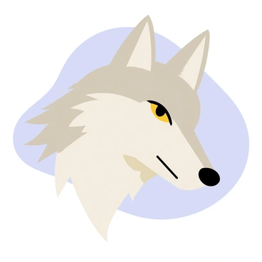 A wolf head featuring sharp, pointed ears and a prominent snout. The fur exhibits a blend of light gray and white colors, creating a soft texture. The eyes are bright yellow, reflecting an intense gaze. The background is a light blue, enhancing the wolf's features with a soft gradient effect. The overall image conveys a sense of wild elegance.