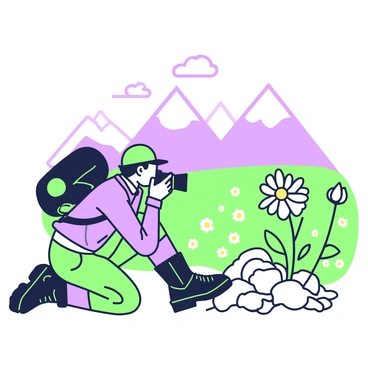 A photographer is kneeling on a rocky surface while adjusting the camera to capture a close-up shot of blooming edelweiss flowers. The photographer is wearing outdoor gear, including a hat and sturdy boots, and focused on the delicate white flowers with velvety petals that are prominently displayed in the foreground. In the background, several mountains tower above with snow-capped peaks, partially shrouded by wispy clouds. Sunlight illuminates the scene, highlighting the flowers' unique shapes and textures. A green field filled with other wildflowers surrounds the edelweiss, adding depth to the composition.