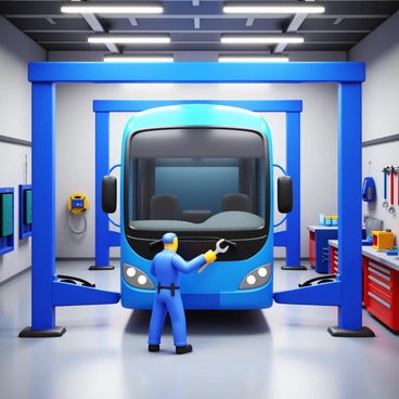 A mechanic in blue coveralls is inspecting a large bus on a hydraulic lift in a spacious garage. The mechanic is holding a wrench, focused on the bus's engine compartment. Bright overhead lights illuminate the scene, casting a clear light over the mechanic and the bus. Various tools are neatly arranged on a workbench nearby, and the floor is clean and polished. The garage features tools and equipment mounted on the walls, adding to the organized workshop atmosphere.