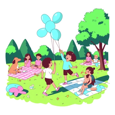 A group of children is playing in a bright sunny park, surrounded by lush green grass and colorful flowers. Each child is holding a balloon animal in their hand, showcasing various shapes such as a dog, a giraffe, and a butterfly. One child, with curly hair, is joyfully running after a balloon that has just escaped, while another child is showing off their blue balloon giraffe to a friend. In the background, there are trees casting light shadows, and a few other families are enjoying a picnic on checkered blankets. The scene captures the vibrant energy of play and laughter.