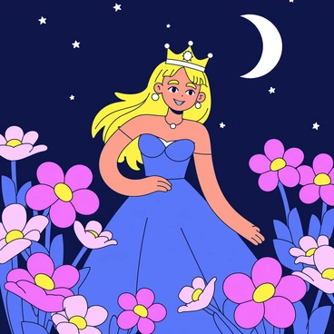 A queen with long, flowing hair is standing amidst night-blooming flowers that have large, vibrant petals. The flowers are illuminated subtly by the moonlight. The queen's crown is adorned with sparkling jewels, which emit a soft glow that lights up her face. She is dressed in an elegant gown that complements the dark surroundings. The background features a deep blue night sky filled with twinkling stars.