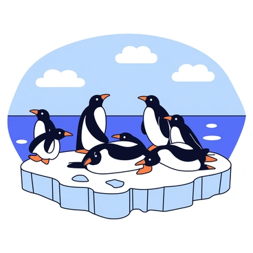 A group of penguins gathered on icy terrain, some standing upright while others are sliding on their bellies. The penguins have a mix of black and white feathers with bright orange beaks. In the background, the ocean is visible, its deep blue color contrasting with the white ice. The sky above is clear with a few fluffy white clouds scattered throughout. The icy terrain has patches of snow and some rocky surfaces visible.