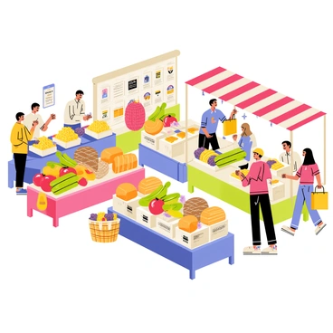 A bustling local market filled with various stalls. Each stall features colorful displays of fresh produce, including vibrant red tomatoes, bright green cucumbers, and golden corn. There are baskets overflowing with fruits like yellow bananas and purple plums. Nearby, another stall showcases homemade goods, with jars of honey, artisanal breads, and colorful pastries neatly arranged. Shoppers are browsing the stalls, some holding shopping bags, while vendors are engaging with customers, offering samples. Children can be seen enjoying treats as they wander through the lively atmosphere.