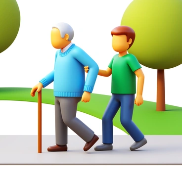 An elderly person with silver hair using a wooden walking stick. The elderly person is wearing a light blue sweater and grey trousers. A young helper, with short brown hair, is standing beside the elderly person, offering support. The young helper is dressed in a casual green t-shirt and jeans. They are walking along a paved path in a park setting, surrounded by green grass and trees. The sun is shining, creating a warm, inviting atmosphere.