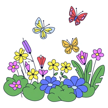 A group of butterflies in various colors flutters gracefully above a lush rain garden. The garden is filled with an array of native plants, including colorful wildflowers and leafy green shrubs. The flowers have bright petals in shades of yellow, purple, and red, attracting the butterflies. The scene is vibrant, showcasing the dynamic movement of the butterflies as they explore the garden. The background features a variety of plants that provide texture and depth to the lush landscape.