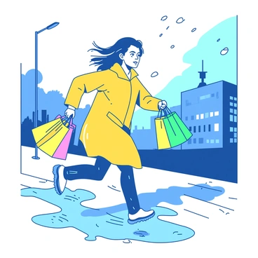 A person is sprinting in the rain, wearing a bright yellow raincoat that is partially soaked. The person's hair is wet and slicked back, and they have a focused expression on their face. In each hand, they are holding a plastic shopping bag that is flapping wildly in the wind. The rain is pouring down, creating ripples in puddles on the ground. Water droplets are visible in the air, catching the light from street lamps nearby. The background shows blurred outlines of trees and buildings shrouded in mist.