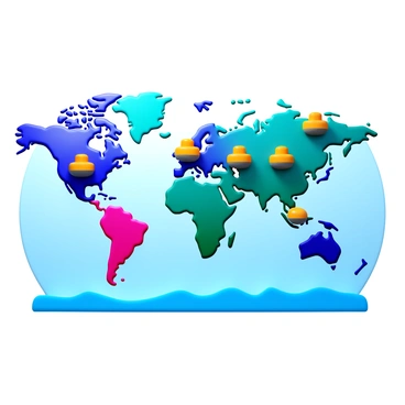 A 3D world map with vibrant colors highlighting countries where curling is popular. The map features distinct borders for each country, emphasizing those with a strong curling tradition. Icons representing curling stones are placed on the highlighted nations, such as Canada, Sweden, and Scotland. The ocean areas are depicted in shades of blue, contrasting with the colorful landmasses. The map has a slight perspective to create depth, showcasing a global view of the curling community.