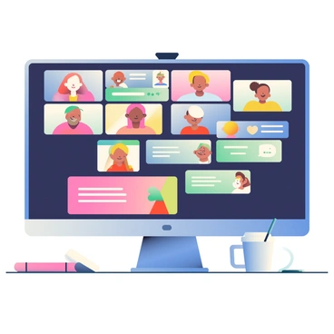 A large computer screen is displaying a live webinar with multiple participants visible in small video boxes. Each participant has a clear view of their face, and they are engaged in discussion. Below the video feed, there is an interactive chat window filled with messages from viewers, showcasing varying emojis and responses. The background of the screen is dark, highlighting the vibrant colors of the chat messages. The desk beneath the screen is cluttered with a notebook, a coffee cup, and a pen.