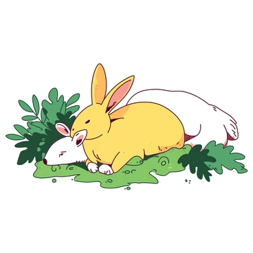 A yellow rabbit with large ears is resting on a patch of green ferns. Nearby, a white deer is lying down peacefully, its head turned slightly as it gazes at the rabbit. The surrounding ferns are lush and vibrant, creating a cozy environment for the animals. Sunlight filters through the leaves, casting soft shadows on the ground. The scene captures a serene moment of the animals enjoying their surroundings.