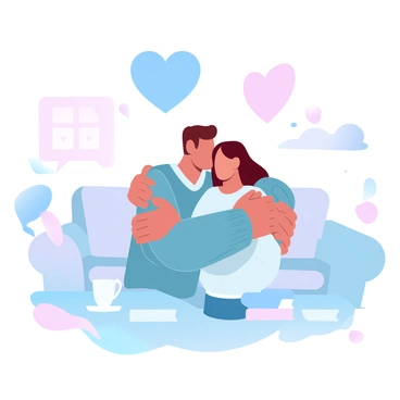 A person is hugging a friend in a cozy living room. The person on the left has short hair and is wearing a knitted sweater. The friend on the right has medium-length hair and is dressed in a comfy t-shirt. A large heart shape is floating above them, symbolizing their bond. The living room features a warm and inviting atmosphere, with a soft couch and a coffee table adorned with a few books and a steaming mug. A gentle light glows from a lamp in the corner, casting soft shadows around the room.