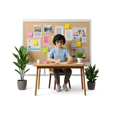 An entrepreneur with short black hair and glasses sits at a wooden desk. She is wearing a light blue blouse and is focused on writing down goals on colorful sticky notes. The sticky notes are various shades of pink, yellow, and green. Scattered around her are pens and a notepad. In front of her, there is a large vision board made of corkboard, displaying a variety of inspirational images and quotes. The room is well-lit, with a window letting in natural light, and there are plants in the background adding a touch of greenery.