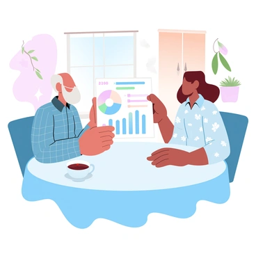 An elderly couple is sitting at a round kitchen table that is adorned with a vibrant tablecloth. The man is wearing a plaid shirt while the woman is dressed in a floral-patterned blouse. They are both leaning towards a large chart that displays their pension plan, filled with colorful graphs and numbers. A steaming cup of tea is placed next to them on the table. In the background, there are warm wooden cabinets and hanging plants, creating a cozy atmosphere. A window lets in soft light, illuminating their focused expressions as they discuss the chart.