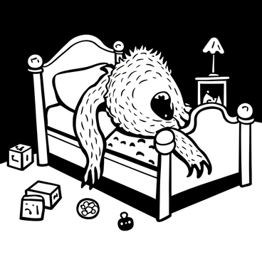 A monstrous creature with long claws is crouched under a child's bed, partially visible as it peeks out from the darkness. The bed is made of wood with a decorative headboard, and a colorful quilt is draped over the edge. Shadows stretch across the floor, creating an eerie atmosphere. A few toys are scattered around, and the faint outline of a nightstand can be seen nearby, with a small lamp casting a dim light. The creature's body is covered in rough textures, and its claws are prominently displayed as it grips the edge of the bed.