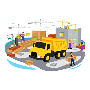 A large yellow construction truck with flashing hazard lights is parked prominently at a busy construction site. The truck features a sturdy build and is adorned with reflective stripes for visibility. Surrounding the truck are various construction materials, including piles of bricks, wooden beams, and metal scaffolding. Workers in safety helmets and neon vests are actively engaged in their tasks nearby, some operating machinery while others are directing traffic. The background showcases a partially constructed building with cranes and tools scattered around, emphasizing the industrious atmosphere of the site.